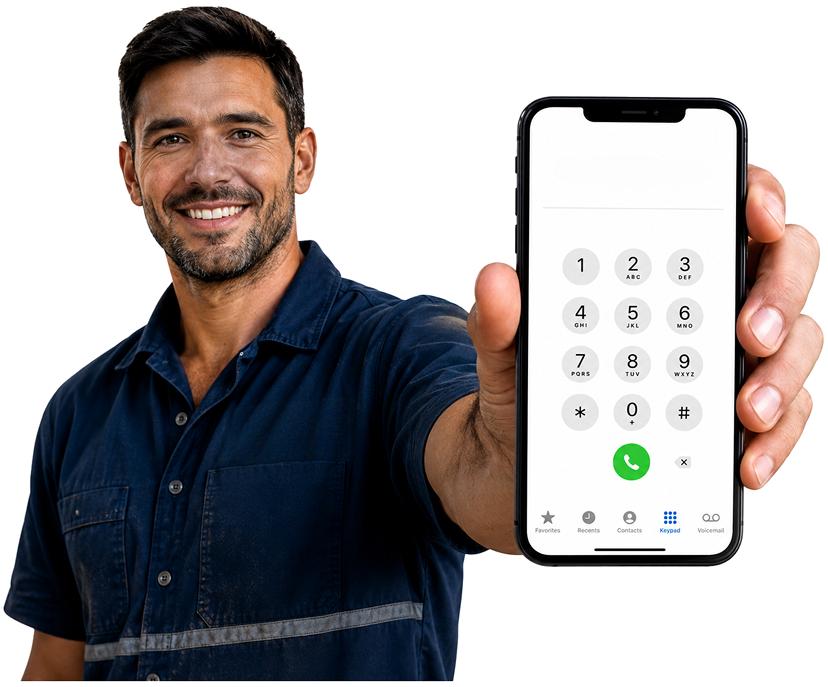 Palm Beach Blocked Drains plumber holding a phone — call 1300 261 965