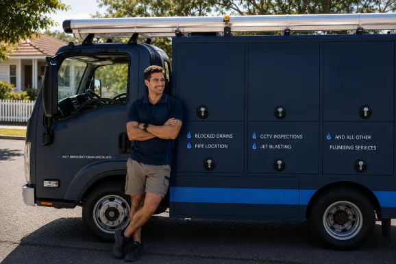 Plumber standing beside a service van in Palm Beach