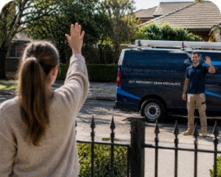 Customer waving goodbye to a Palm Beach Blocked Drains plumber