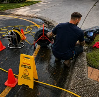 Licensed plumber reviewing CCTV drain footage before relining